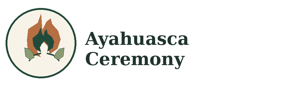 Ayahuasca Ceremony logo with a forest green and copper botanical flame emblem