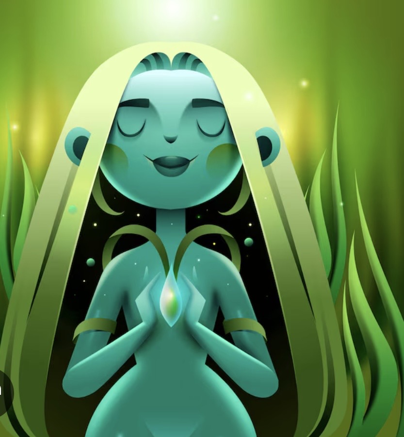 Ayahuasca Ceremony logo: serene teal meditation figure on a green background